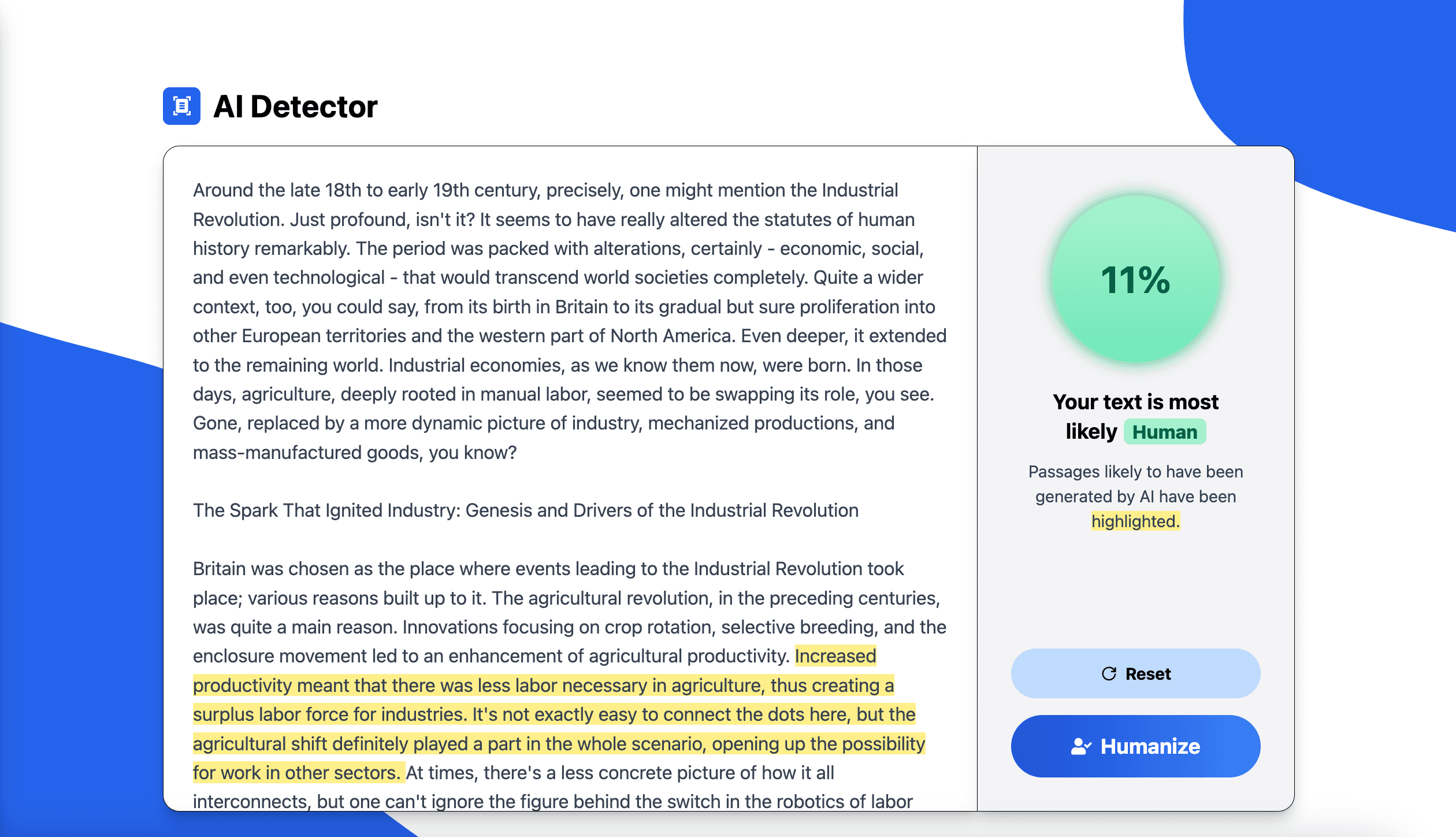 Screenshot demonstrating how to humanize text for undetectable AI content using Kipper's AI humanizer tool. The image shows a text passage with highlighted AI-generated sections, a detection score of 11% indicating 'most likely human,' and a 'Humanize' button to make the content undetectable by AI essay detectors or AI content checkers. A 'Get Started' button is visible for easy access.